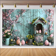 Lofaris Toile de fond jardin de printemps Pâques, Fond photographique mur en bois bleu et fleurs roses