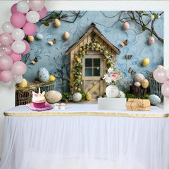 Lofaris Toile de fond porte de jardin Pâques, Fond photographique mur texturé bleu et œufs de printemps
