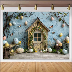 Lofaris Toile de fond porte de jardin Pâques, Fond photographique mur texturé bleu et œufs de printemps