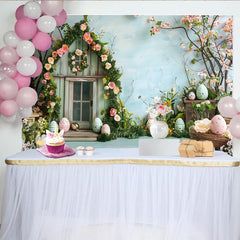 Lofaris Toile de fond maison de roses Pâques, Fond photographique jardin de printemps bleu et œufs à motifs