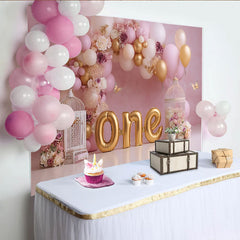 Lofaris Toile de fond Cake Smash premier anniversaire ballons or rose, Fond de fête fille papillon cage à oiseaux florale ONE