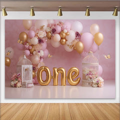 Lofaris Toile de fond Cake Smash premier anniversaire ballons or rose, Fond de fête fille papillon cage à oiseaux florale ONE