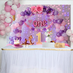 Lofaris Toile de fond Cake Smash premier anniversaire ballons violet rose, Fond fête fille lettres métallisées florales ONE