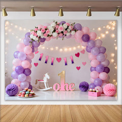 Lofaris Toile de fond Cake Smash premier anniversaire ballons violet rose, Fond fête fille guirlande lumineuse panneau floral ONE
