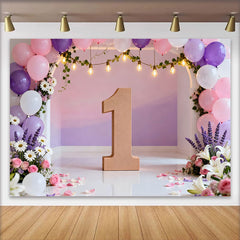 Lofaris Arche de Ballons Florale Rose et Violette Fond Premier Anniversaire