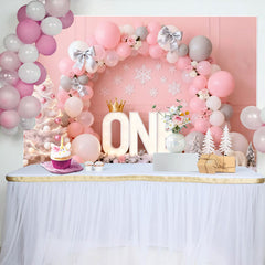 Lofaris Toile de Fond Winter ONEderland Rose Noeuds Argent et Arche Ballons