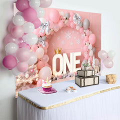 Lofaris Toile de Fond Winter ONEderland Rose Noeuds Argent et Arche Ballons