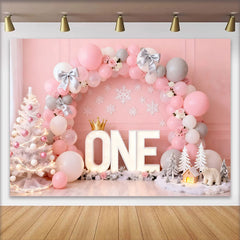 Lofaris Toile de Fond Winter ONEderland Rose Noeuds Argent et Arche Ballons