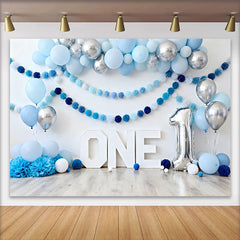 Lofaris Fond Cake Smash Bleu et Argent Signe ONE et Guirlande de Pompons