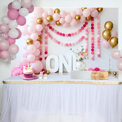 Lofaris Fond Anniversaire Rose et Or Signe ONE et Guirlande de Pompons