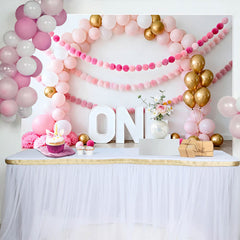 Lofaris Fond Photo Arche Ballons Rose Ballons Or et Guirlande Pompons ONE