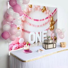 Lofaris Fond Photo Arche Ballons Rose Ballons Or et Guirlande Pompons ONE