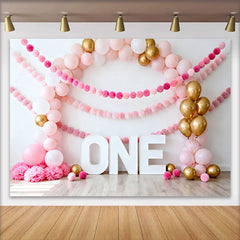 Lofaris Fond Photo Arche Ballons Rose Ballons Or et Guirlande Pompons ONE