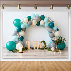 Lofaris Fond Cake Smash 2ème Anniversaire Arche Ballons Gris et Sarcelle