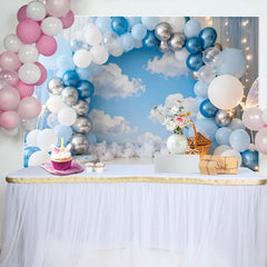 Lofaris Fond Photo Cake Smash Guirlande Ballons Bleu Argent Ciel et Nuages