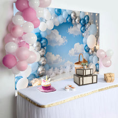 Lofaris Fond Photo Cake Smash Guirlande Ballons Bleu Argent Ciel et Nuages
