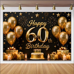 Lofaris Toile de Fond 60 ans Joyeux Anniversaire Noir et Or Ballons et Gâteau