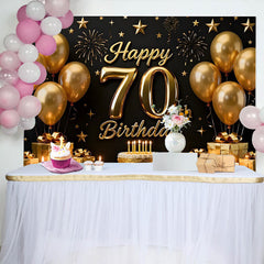 Lofaris Fond 70 ans Joyeux Anniversaire Noir et Or Ballons Étoiles et Gâteau