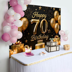 Lofaris Fond 70 ans Joyeux Anniversaire Noir et Or Ballons Étoiles et Gâteau