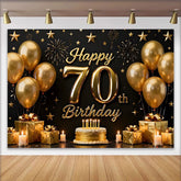 Lofaris Fond 70 ans Joyeux Anniversaire Noir et Or Ballons Étoiles et Gâteau