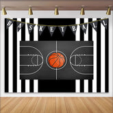Lofaris Fond Anniversaire Terrain de Basket Thème Sport Rayures Noir Blanc