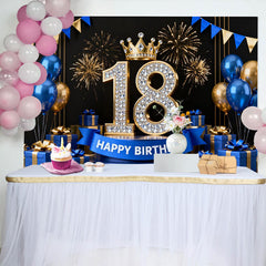 Lofaris Toile de Fond 18 ans Bleu Royal et Or Chiffres Diamant et Feu d'artifice