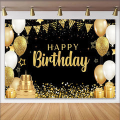 Lofaris Fond Élégant Joyeux Anniversaire Or Gâteau 3 Étages et Cadeaux Or