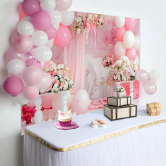 Lofaris Fond Cake Smash Arche Florale Rose Ballons Blancs et Draperies