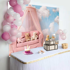 Lofaris Fond Smash Cake Bébé Ours Canapé Rose à Baldaquin, Arrière-plan Photographie Fille Ciel Bleu et Nuages Blancs