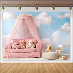 Lofaris Fond Smash Cake Bébé Ours Canapé Rose à Baldaquin, Arrière-plan Photographie Fille Ciel Bleu et Nuages Blancs