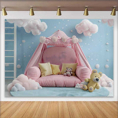 Lofaris Fond Smash Cake Bébé Lit Tente Rose et Ours, Arrière-plan Photographie Bébé Ciel Bleu Nuages et Étoiles