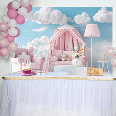Lofaris Fond Bébé Fauteuil Rose et Lit à Baldaquin avec Ours, Arrière-plan Smash Cake Fille Ciel Bleu et Nuages