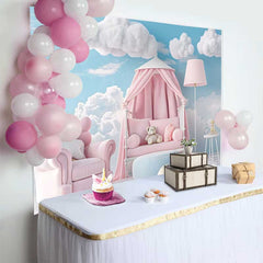 Lofaris Fond Bébé Fauteuil Rose et Lit à Baldaquin avec Ours, Arrière-plan Smash Cake Fille Ciel Bleu et Nuages