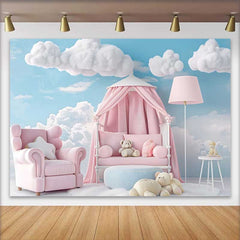 Lofaris Fond Bébé Fauteuil Rose et Lit à Baldaquin avec Ours, Arrière-plan Smash Cake Fille Ciel Bleu et Nuages