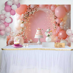 Lofaris Fond Mariage Arche Florale Ballons Roses, Arrière-plan Photographie Fête Gâteau Blanc et Guirlandes