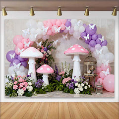 Lofaris Fond Printemps Champignon Géant et Papillon, Arrière-plan Anniversaire Fille Arche Ballons Violets