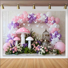 Lofaris Fond Printemps Champignon Rose et Cage Oiseau, Arrière-plan Fête Anniversaire Fille Arche Ballons