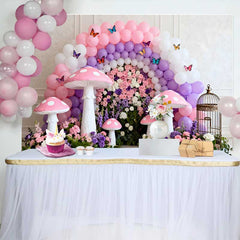 Lofaris Fond Printemps Champignon Rose Mur Floral, Arrière-plan Fête Anniversaire Arche Violete et Papillons