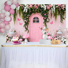 Lofaris Fond Printemps Porte Bois Rose et Fleurs, Arrière-plan Anniversaire Champignon et Cage à Oiseaux