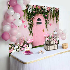 Lofaris Fond Printemps Porte Bois Rose et Fleurs, Arrière-plan Anniversaire Champignon et Cage à Oiseaux