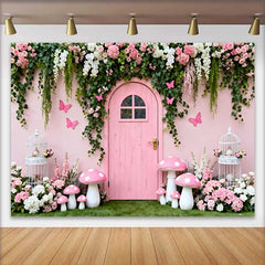 Lofaris Fond Printemps Porte Bois Rose et Fleurs, Arrière-plan Anniversaire Champignon et Cage à Oiseaux