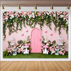 Lofaris Fond Porte Rose et Vignes Florales, Arrière-plan Photographie Jardin Féerique et Champignons