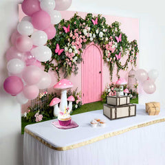 Lofaris Fond Printemps Porte Rose et Arche Papillons, Arrière-plan Fête Anniversaire Champignon Enchanté