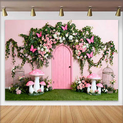 Lofaris Fond Printemps Porte Rose et Arche Papillons, Arrière-plan Fête Anniversaire Champignon Enchanté