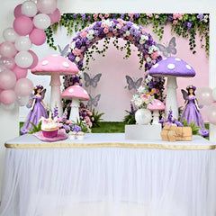 Lofaris Fond Printemps Champignon Rose Violet et Fée, Arrière-plan Fête Anniversaire Filles Arche Florale
