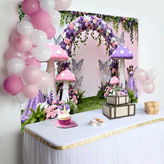Lofaris Fond Printemps Champignon Rose Violet et Fée, Arrière-plan Fête Anniversaire Filles Arche Florale