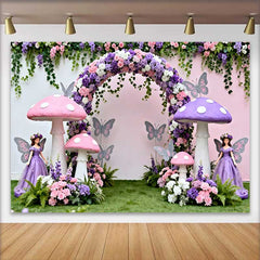 Lofaris Fond Printemps Champignon Rose Violet et Fée, Arrière-plan Fête Anniversaire Filles Arche Florale