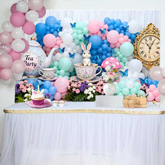 Lofaris Fond Pâques Horloge Vintage Lapin Tea Party, Arrière-plan Photographie Arche Ballons Pastel