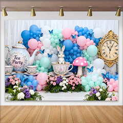 Lofaris Fond Pâques Horloge Vintage Lapin Tea Party, Arrière-plan Photographie Arche Ballons Pastel