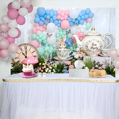 Lofaris Fond Pâques Alice Tea Party Lapin et Horloge, Arrière-plan Printemps Arche Ballons Pastel